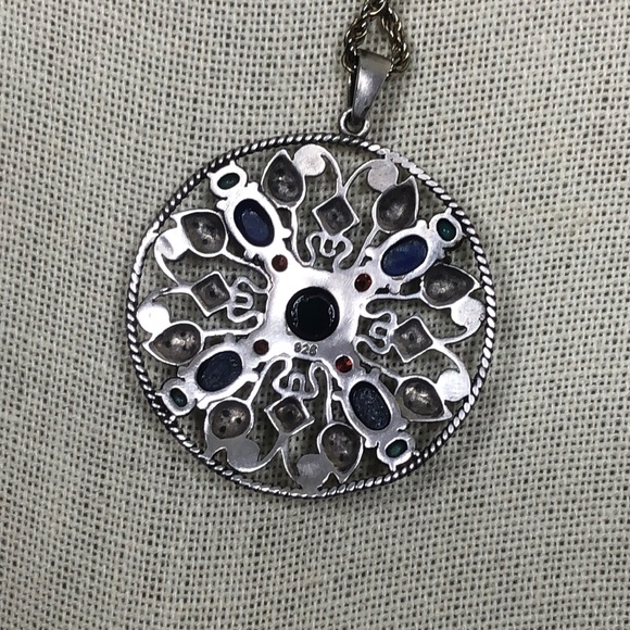 Sterling Silver Turquoise Garnet Onyx Lapis Marcasite Pendant and Rope Necklace - Picture 4 of 13